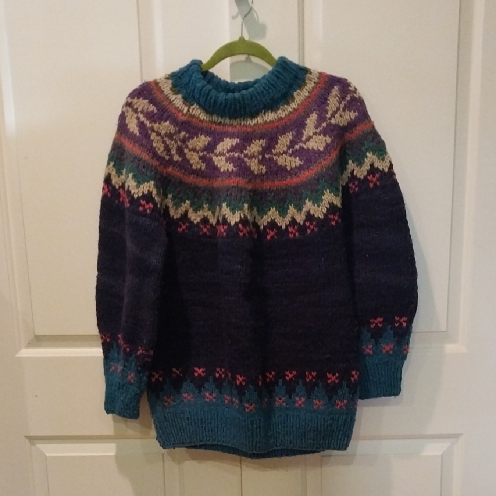 Navy and Teal Patterned Women's Sweater